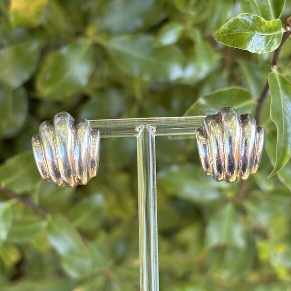 Vintage Mexican Sterling Silver Ribbed Dome Earrings 14K Posts Signed BARRA 8.9g - Picture 2 of 8